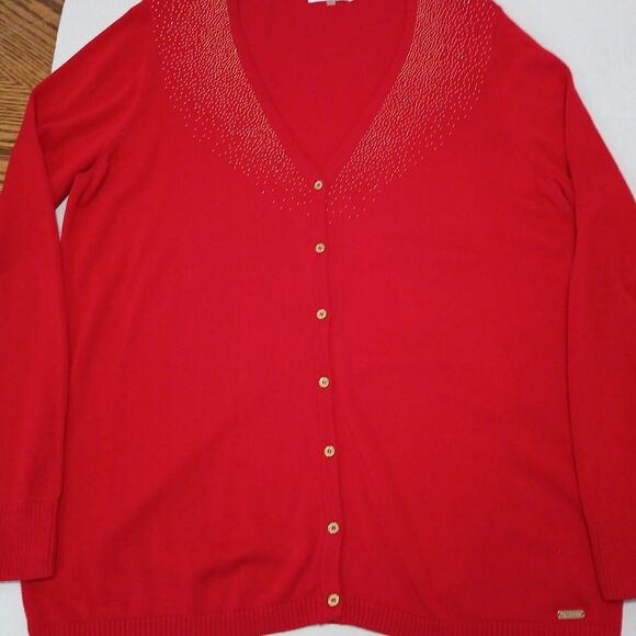 Calvin Klein Red Gold Dots Logo V-neck Gold Button Up Cardigan Sweater XL - Picture 12 of 16